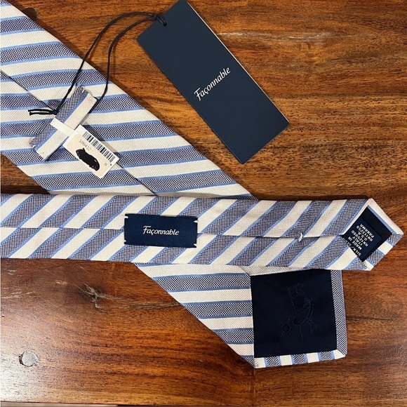 NWT FACONNABLE Blue, White & Silver Striped Silk Tie - Picture 6 of 13